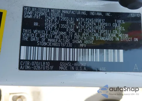 2013 Toyota Highlander Se V6 z USA, uszkodzony, nr VIN 5TDBK3EH8DS197330